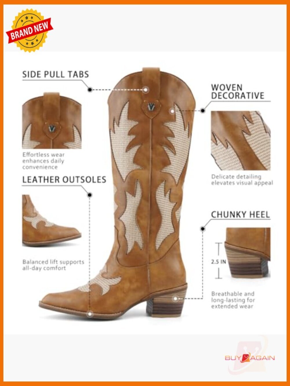 Western Mid Calf Pointed Toe Chunky Heel Cowgirl Boots with Embroidered - Picture 4 of 7